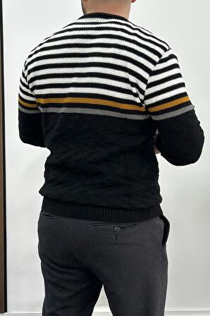 Erkek Çizgili Bisiklet Yaka Slim Fit Triko Kazak Siyah Edw019