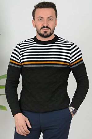 Erkek Çizgili Bisiklet Yaka Slim Fit Triko Kazak Siyah Edw019