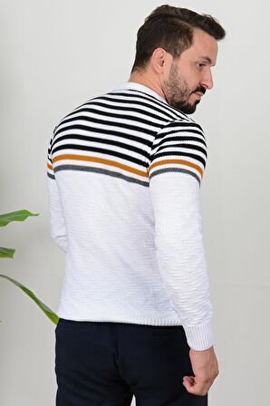 Erkek Çizgili Bisiklet Yaka Slim Fit Triko Kazak Beyaz Edw019