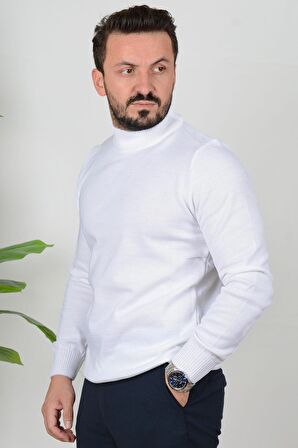 Erkek Düz Yarım Balıkçı Yaka Slim Fit Triko Kazak Beyaz Edw020