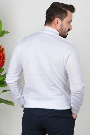 Erkek Düz Yarım Balıkçı Yaka Slim Fit Triko Kazak Beyaz Edw020