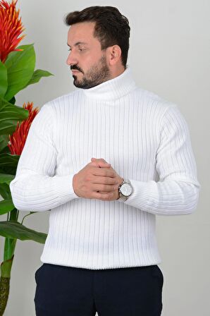 Erkek Düz Balıkçı Yaka Slim Fit Triko Kazak Beyaz Edw021