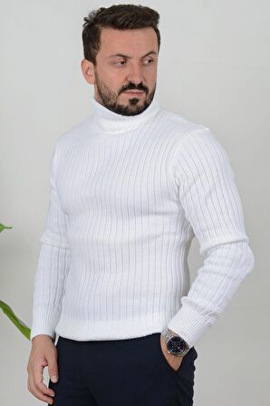 Erkek Düz Balıkçı Yaka Slim Fit Triko Kazak Beyaz Edw021