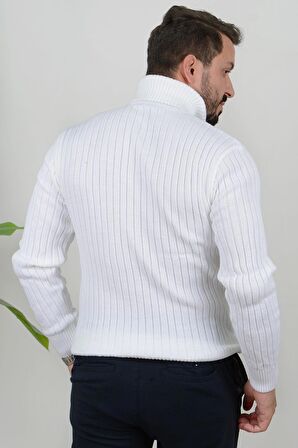 Erkek Düz Balıkçı Yaka Slim Fit Triko Kazak Beyaz Edw021