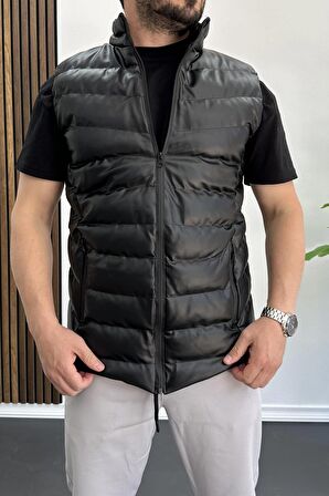 Erkek Slim Fit Fermuarlı Suni Deri Yelek Siyah Edw088