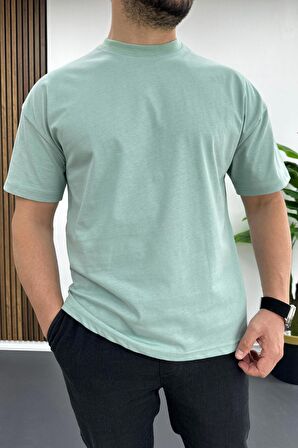 Erkek Oversize %100 Pamuk Good Vibes Sırt Baskılı T-shirt Yeşil Edw091