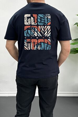 Erkek Oversize %100 Pamuk Good Vibes Sırt Baskılı T-shirt Lacivert Edw091