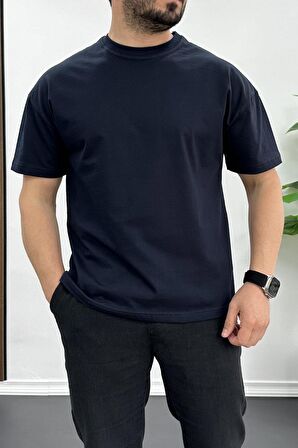 Erkek Oversize %100 Pamuk Good Vibes Sırt Baskılı T-shirt Lacivert Edw091