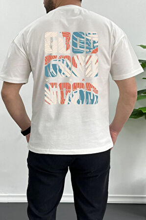 Erkek Oversize %100 Pamuk Good Vibes Sırt Baskılı T-shirt Ekru Edw091