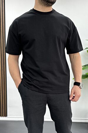 Erkek Oversize %100 Pamuk Good Vibes Sırt Baskılı T-shirt Siyah Edw091