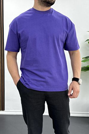 Erkek Oversize %100 Pamuk Original Sırt Baskılı T-shirt Mor Edw092