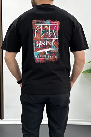 Erkek Oversize %100 Pamuk Spirit Sırt Baskılı T-shirt Siyah Edw093