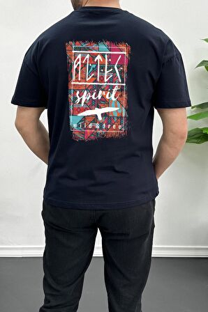 Erkek Oversize %100 Pamuk Spirit Sırt Baskılı T-shirt Lacivert Edw093