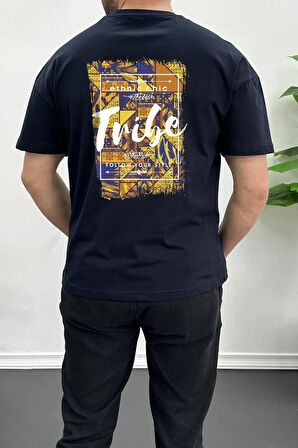 Erkek Oversize %100 Pamuk Tribe Sırt Baskılı T-shirt Lacivert Edw094