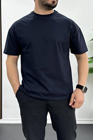 Erkek Oversize %100 Pamuk Tribe Sırt Baskılı T-shirt Lacivert Edw094