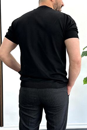 Erkek Slim Fit Bisiklet Yaka Triko Tişört Siyah Edw096