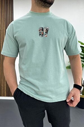 Erkek Oversize %100 Pamuk 87 Baskılı T-shirt Yeşil Edw101