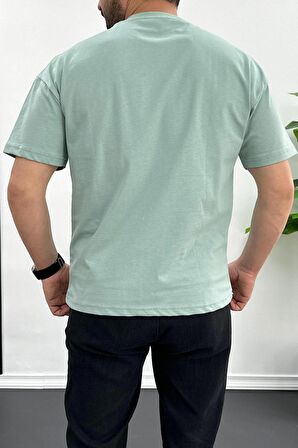 Erkek Oversize %100 Pamuk 87 Baskılı T-shirt Yeşil Edw101