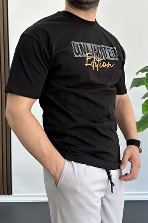 Erkek Oversize %100 Pamuk Unlimited Baskılı T-shirt Siyah Edw106