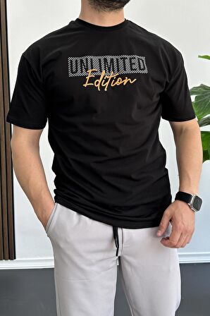 Erkek Oversize %100 Pamuk Unlimited Baskılı T-shirt Siyah Edw106
