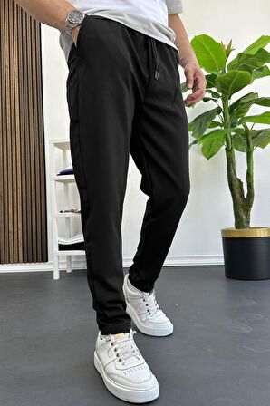 Erkek Slim Fit Beli Lastikli Double Paça Jogger Pantolon Siyah Edw114