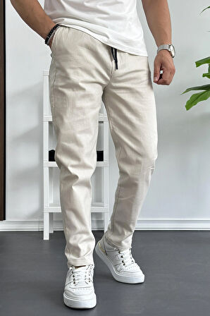 Erkek Rahat Kesim İnce Keten Pantolon Krem Edw114