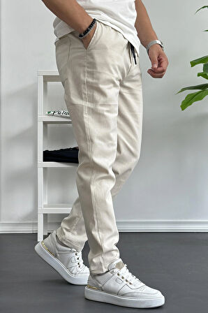 Erkek Rahat Kesim İnce Keten Pantolon Krem Edw114