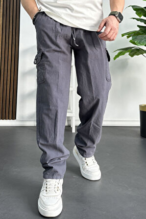 Erkek Baggy Kalıp Kargo Cepli Pantolon Füme Edw131