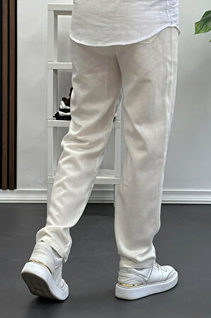 Erkek Rahat Kesim Keten Pantolon Krem Edw138