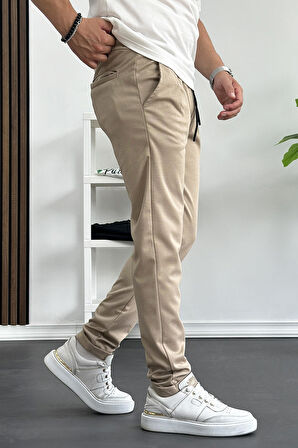 Erkek Beli Lastikli Double Paça Jogger Pantolon Bej Edw145