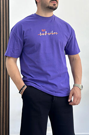 Erkek Oversize %100 Pamuk  Baskılı T-shirt Mor Edw156