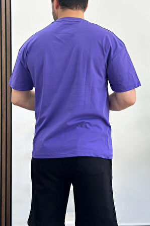 Erkek Oversize %100 Pamuk  Baskılı T-shirt Mor Edw156