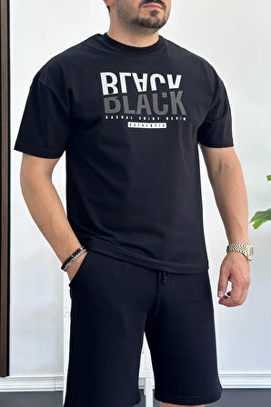Erkek Oversize %100 Pamuk Baskılı T-shirt Siyah Edw157