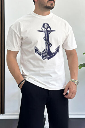 Erkek Oversize %100 Pamuk  Baskılı T-shirt Beyaz Edw158