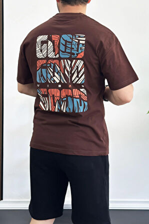 Erkek Oversize %100 Pamuk Sırt Baskılı T-shirt Kahverengi Edw161