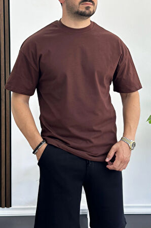 Erkek Oversize %100 Pamuk Sırt Baskılı T-shirt Kahverengi Edw161