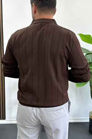 Erkek Yarım Fermuarlı Polo Yaka Mevsimlik Kazak Kahverengi Edw195