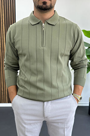 Erkek Yarım Fermuarlı Polo Yaka Mevsimlik Kazak Haki Edw195