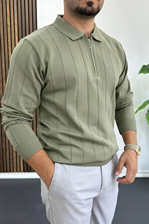 Erkek Yarım Fermuarlı Polo Yaka Mevsimlik Kazak Haki Edw195