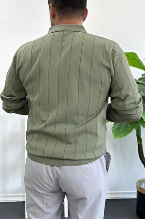 Erkek Yarım Fermuarlı Polo Yaka Mevsimlik Kazak Haki Edw195