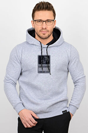 Üç Iplik Şardonlu Baskılı Kapüşonlu Sweatshirt Gri Edw196