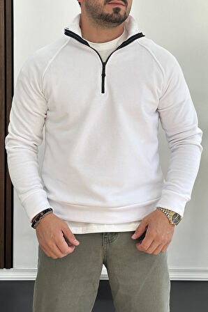 Erkek Yarım Fermuarlı Sweatshirt Beyaz Edw212