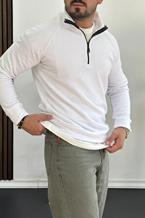 Erkek Yarım Fermuarlı Sweatshirt Beyaz Edw212