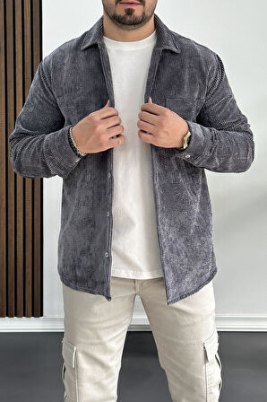 Erkek Kadife Kumaş Gömlek Antrasit Edw214