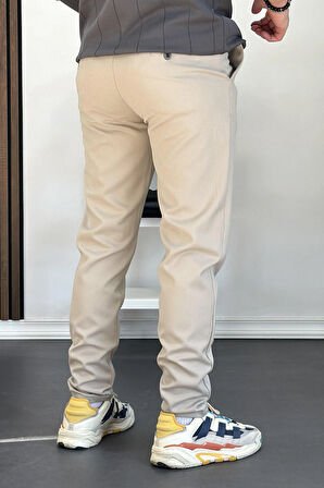 Erkek Beli Düğmeli Dar Paça Jogger Pantolon Bej Edw224