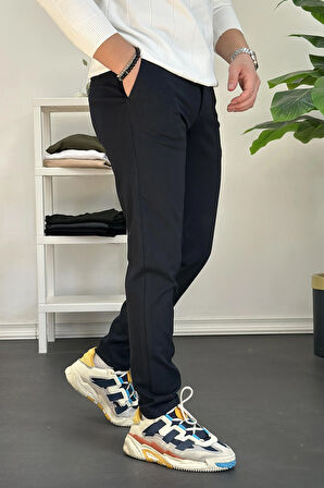 Erkek Beli Düğmeli Dar Paça Jogger Pantolon Lacivert Edw224