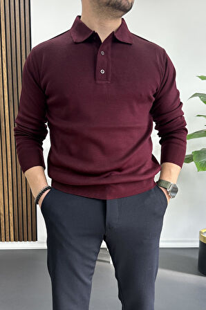 Erkek Düğmeli Polo Yaka Kazak Bordo Edw231