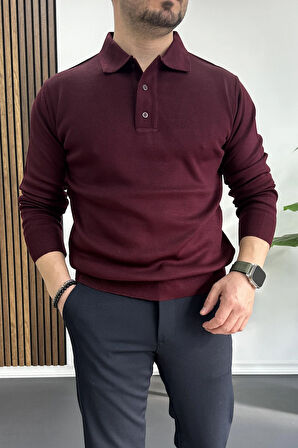 Erkek Düğmeli Polo Yaka Kazak Bordo Edw231