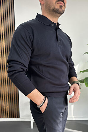 Erkek Düğmeli Polo Yaka Kazak Lacivert Edw231