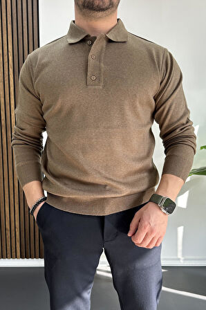 Erkek Düğmeli Polo Yaka Kazak Kahverengi Edw231